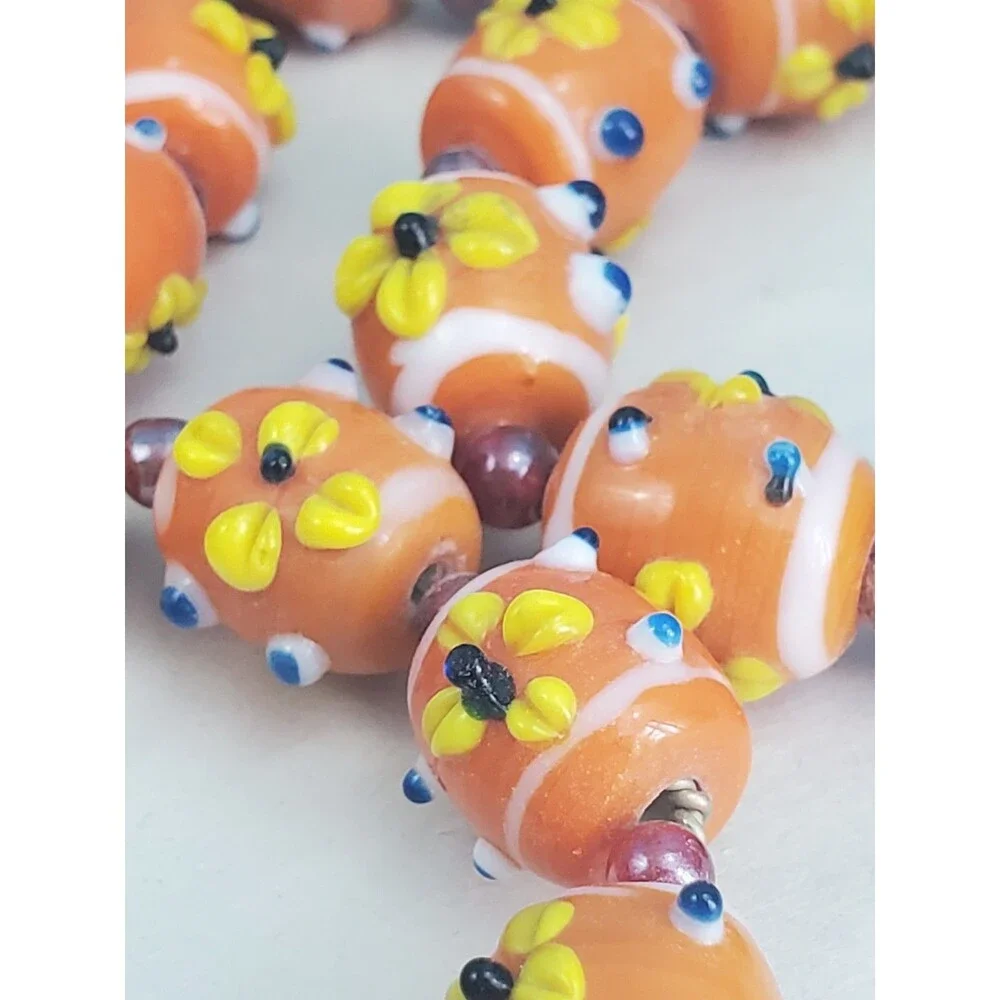 4 Vtg Millefior Lampwork Glass Bead Napkin Rings Orange Floral Table Decor